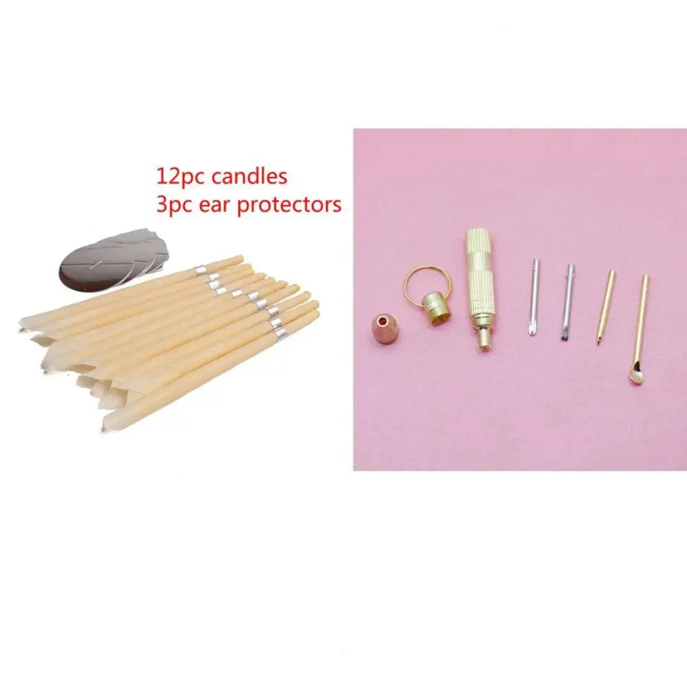 Set of 12 beige coning beewax natural ear candles with silver bands and three metallic ear protectors for ear healthy care