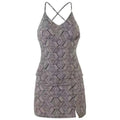 A stylish gray conservative artistic color split geometric mini dress with a geometric pattern and crisscross back straps