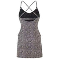 Black and gray conservative artistic color split geometric mini dress with crisscross shoulder straps and geometric pattern