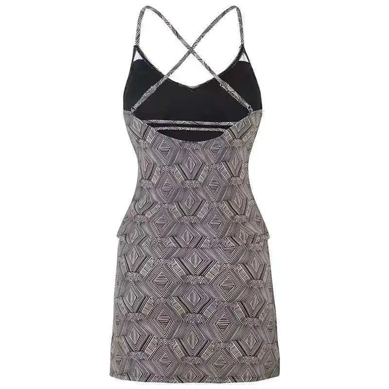 Black and gray conservative artistic color split geometric mini dress with crisscross shoulder straps and geometric pattern