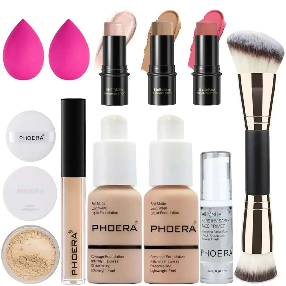 A contour stick makeup and foundation set with pink teardrop sponges, shimmer sticks, and soft matte liquid foundations for acne scars