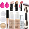 A contour stick makeup set with pink teardrop sponges, shimmer sticks, matte foundations, and concealer for acne scars