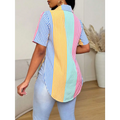 A vibrant contrast color striped button asymmetrical hem shirt with pastel blue yellow mint green and pink vertical stripes