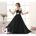 Black one-shoulder chiffon evening dress with silver beading and pleated skirt for dinner banquet long wear