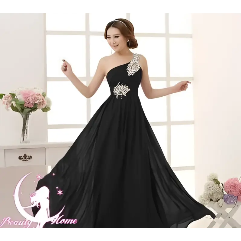 Black one-shoulder chiffon evening dress with silver beading and pleated skirt for dinner banquet long wear
