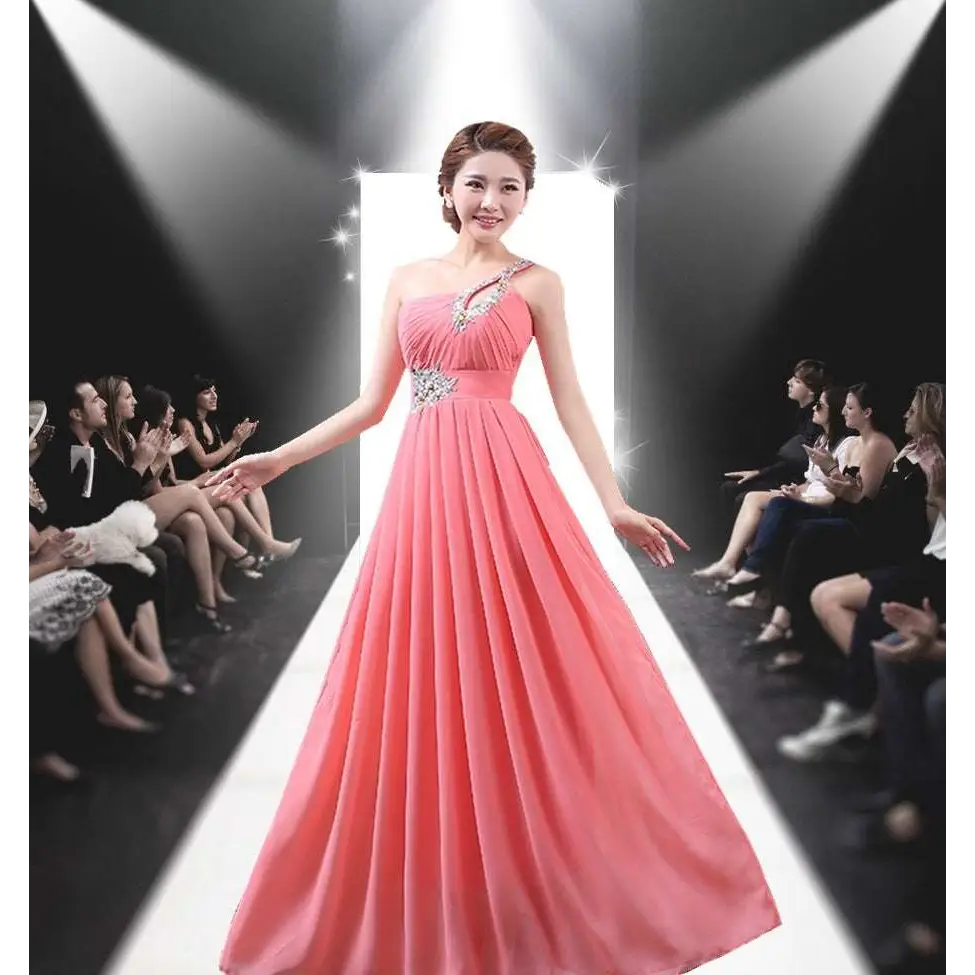 Coral pink embellished chiffon evening dress with single shoulder and silver detailing for dinner banquet long wear