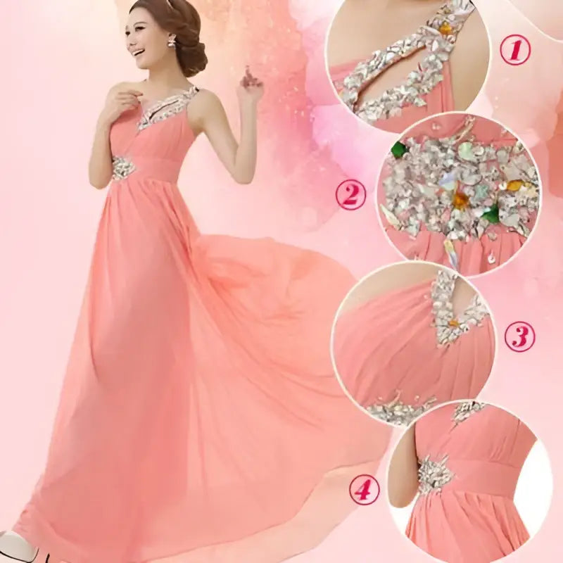 Coral pink embellished chiffon evening dress with one-shoulder design and crystal details for dinner banquet long wear