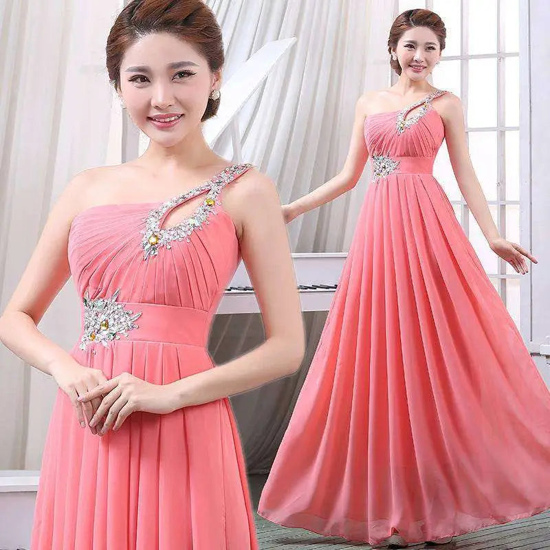 Coral pink embellished chiffon evening dress with one-shoulder design and crystal details for dinner banquet long wear
