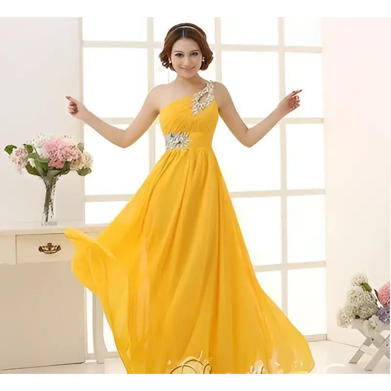 A vibrant yellow chiffon evening dress with one-shoulder design and sparkling beading, ideal for dinner banquet long events