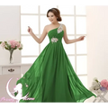 Coral pink embellished chiffon evening dress with emerald green one shoulder gown and silver beading floral details