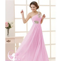 A coral pink embellished chiffon evening dress with a flowing one-shoulder design for dinner banquet long events
