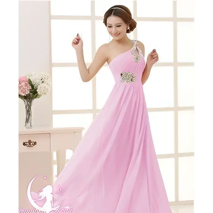 A coral pink embellished chiffon evening dress with a flowing one-shoulder design for dinner banquet long events