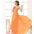 Coral pink embellished chiffon evening dress featuring a flowing orange chiffon gown with beaded neckline and waistband