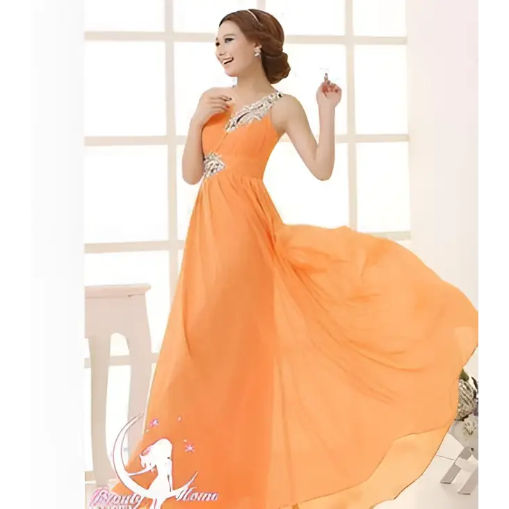 Coral pink embellished chiffon evening dress featuring a flowing orange chiffon gown with beaded neckline and waistband