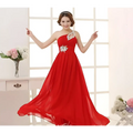 Coral pink embellished chiffon evening dress featuring a vibrant red one-shoulder flowing chiffon fabric for dinner banquet long events