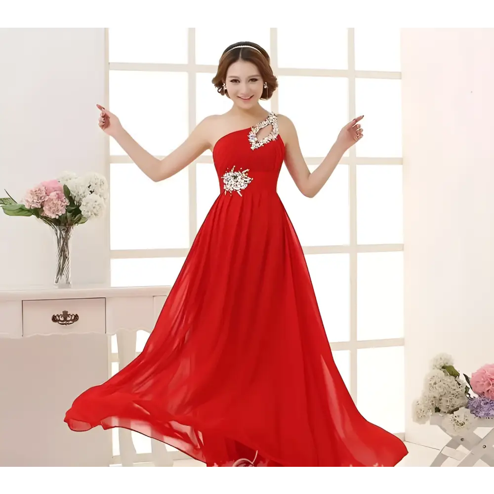 Coral pink embellished chiffon evening dress featuring a vibrant red one-shoulder flowing chiffon fabric for dinner banquet long events