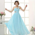 Coral pink embellished chiffon evening dress featuring a flowing light blue one-shoulder gown with beaded neckline and waist