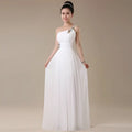 White one-shoulder chiffon evening dress with beaded embellishments on shoulder and waistband for dinner banquet long wear