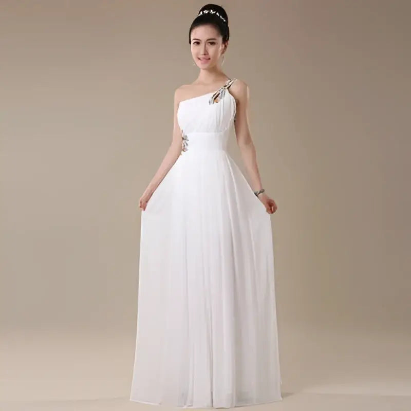 White one-shoulder chiffon evening dress with beaded embellishments on shoulder and waistband for dinner banquet long wear