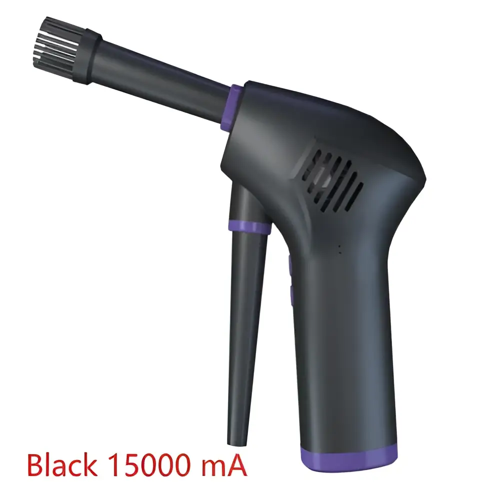 Black cordless air duster and handheld vacuum cleaner with purple accents and brush attachment for dust removal