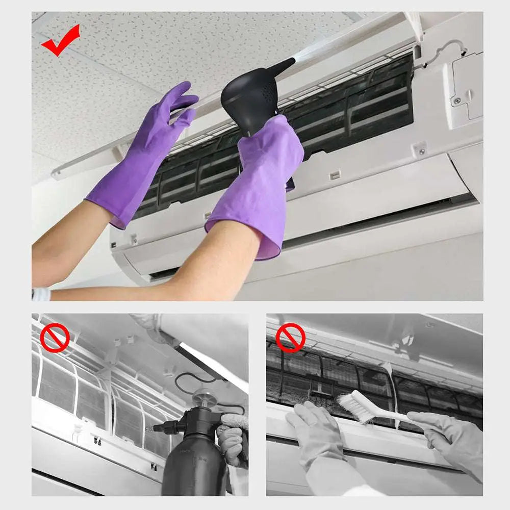 Purple rubber gloves using a black bulb blower to clean air conditioner filter with cordless air duster handheld vacuum cleaner