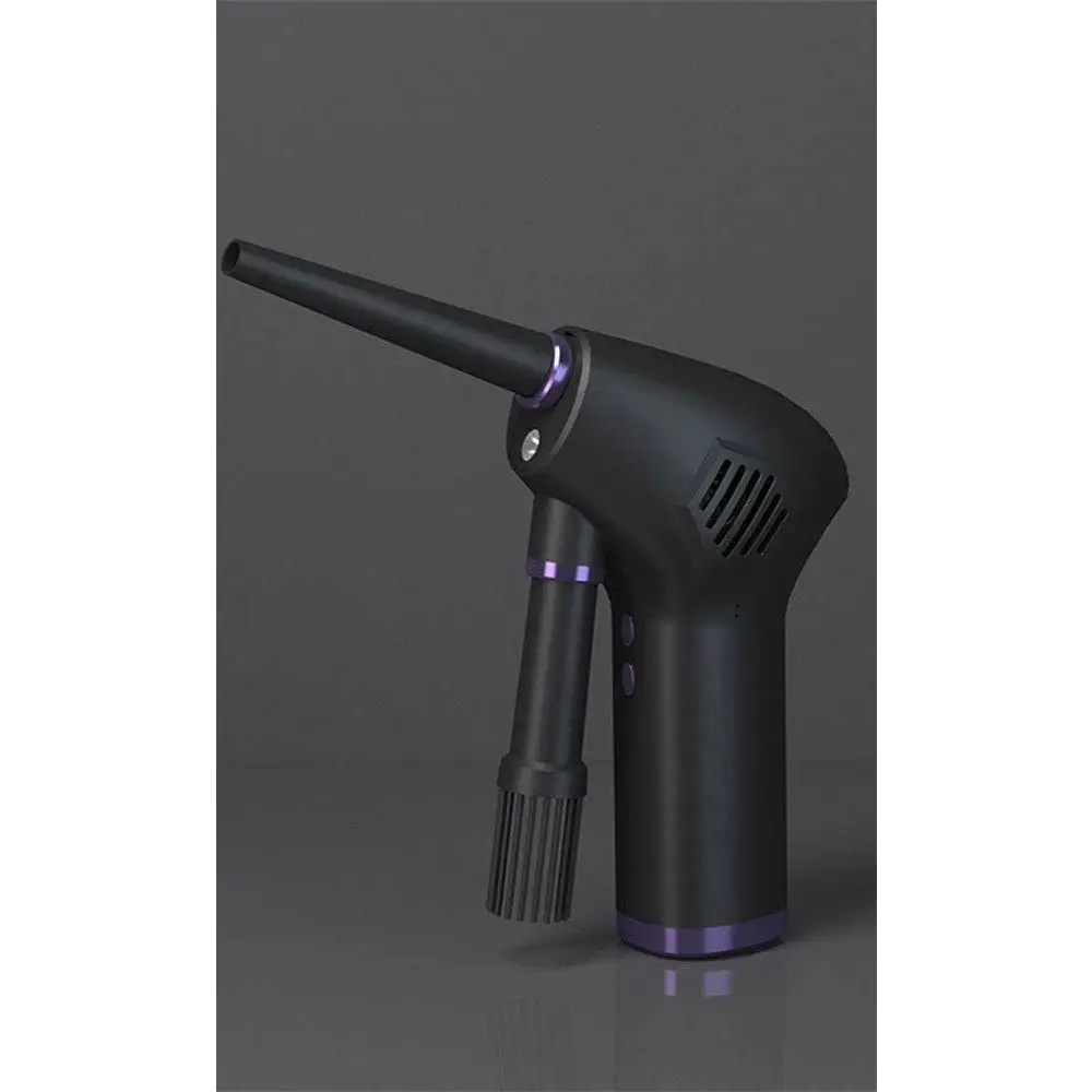 Black cordless air duster and handheld vacuum cleaner with purple accents and brush attachment for versatile cleaning