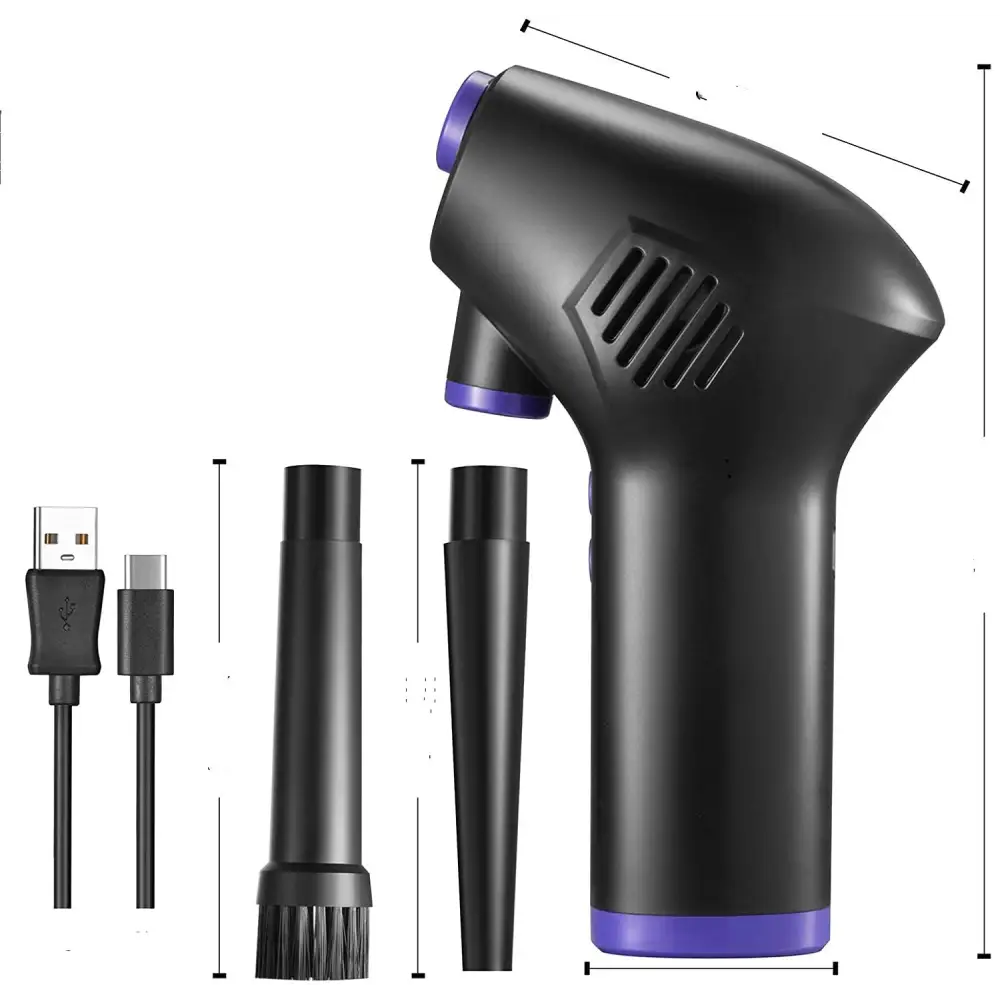 Black and purple cordless air duster handheld vacuum cleaner with interchangeable nozzles for versatile cleaning