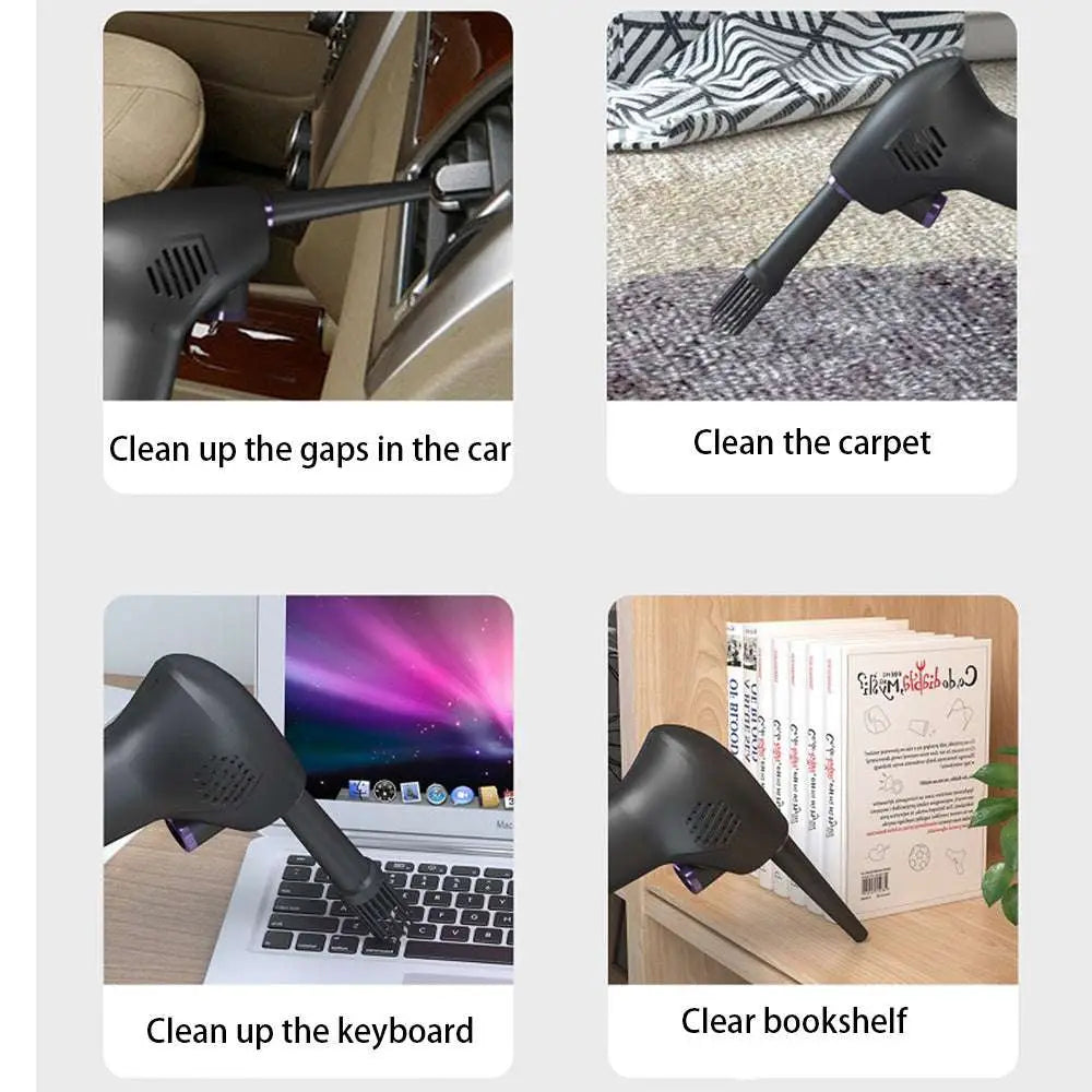 Black cordless air duster and handheld vacuum cleaner with brush attachment for car interiors carpets keyboards and bookshelves