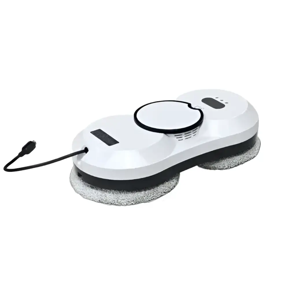 White and black cordless robot window cleaner with two gray microfiber pads for efficient glass cleaning