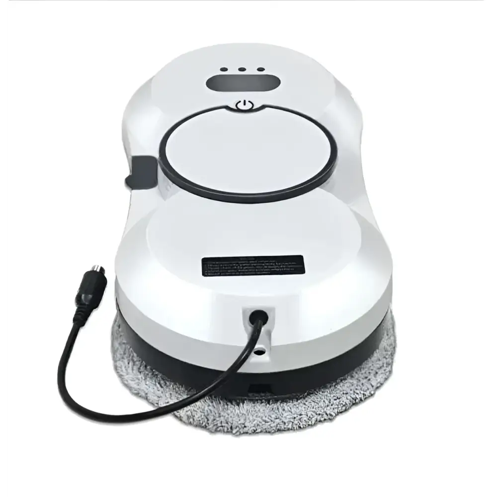 White and black cordless robot window cleaner with soft gray microfiber pad for efficient window cleaning