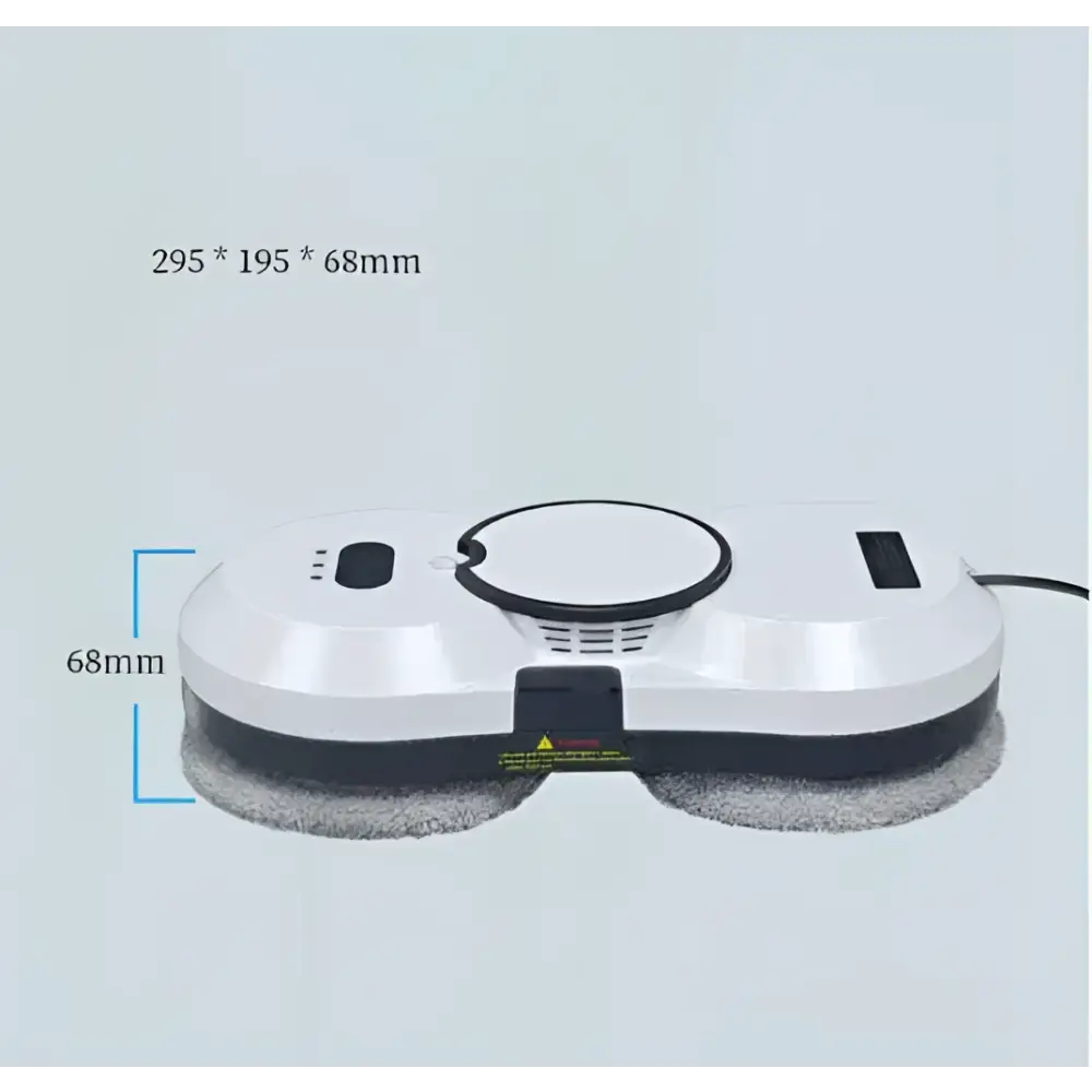 White and black cordless robot window cleaner with a circular design and gray microfiber cleaning pads at the base