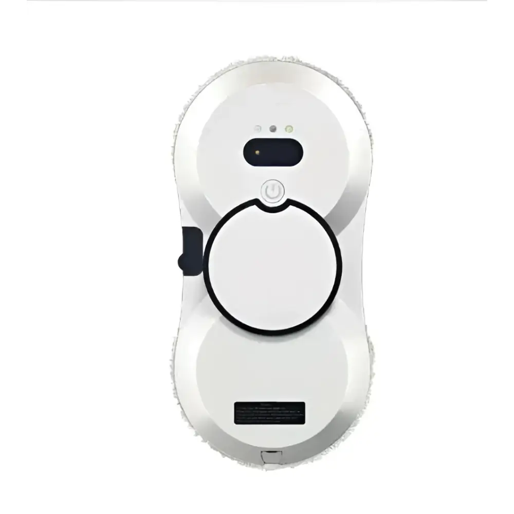 White cordless robot window cleaner with microfiber pads and black accents around power button and sensor area