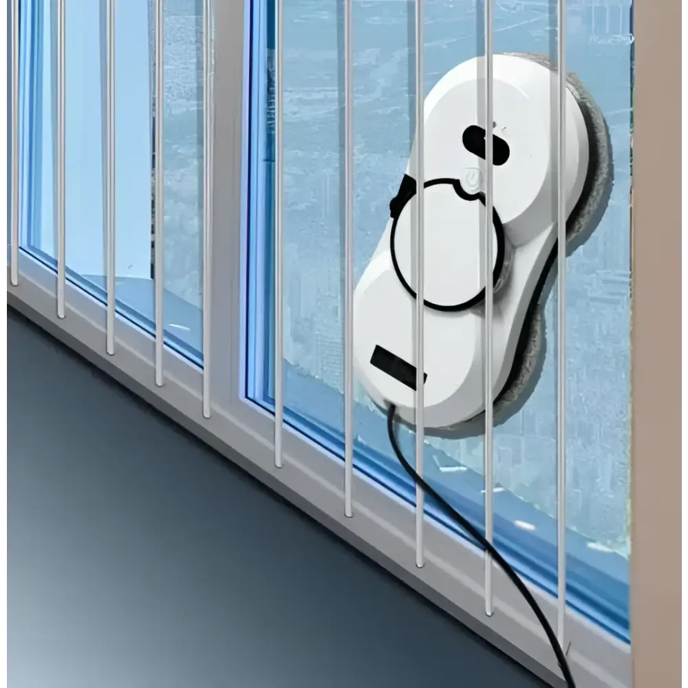 White cordless robot window cleaner with black accents and suction cup base featuring microfiber pads for efficient cleaning