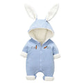 Light blue striped corduroy bunny baby winter clothes onesie with white bunny ears and carrot embroidery