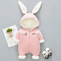 Pink corduroy bunny baby winter clothes onesie with white faux fur trim and carrot embroidery for cold weather use