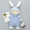 Light blue striped corduroy bunny baby winter clothes onesie with white fleece ears cuffs and orange carrot embroidery