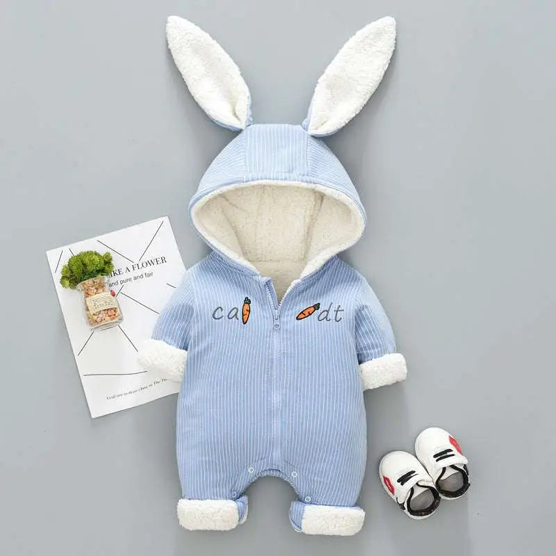 Light blue striped corduroy bunny baby winter clothes onesie with white fleece ears cuffs and orange carrot embroidery
