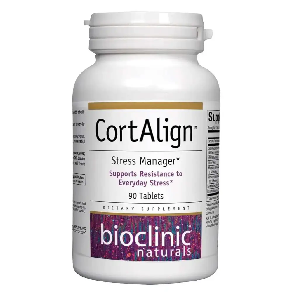White plastic bottle of cortalign stress manager dietary supplement by bioclinic naturals with 90 tablets for stress support