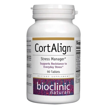 White plastic bottle of cortalign stress manager dietary supplement by bioclinic naturals with 90 tablets for stress support