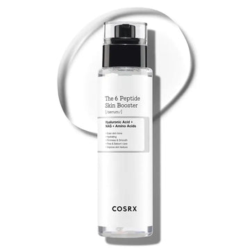 Clear glass bottle with black pump and minimalist white label of cosrx 6x peptide collagen booster toner serum
