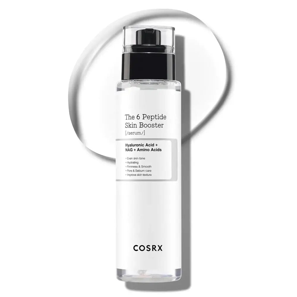Clear glass bottle with black pump and minimalist white label of cosrx 6x peptide collagen booster toner serum