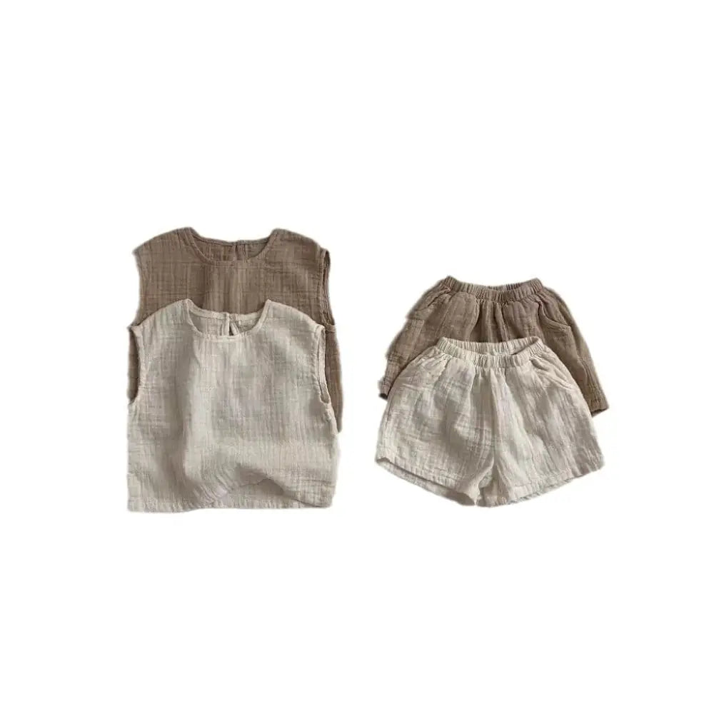 Beige and taupe breathable vest shorts set made of textured cotton muslin fabric for lightweight comfort