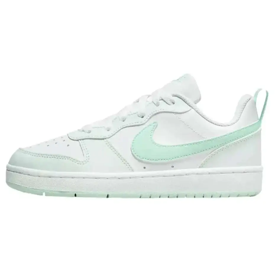 White and mint green nike borough low recraft kids sneaker with smooth leather upper and matching rubber sole