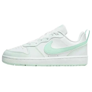 White and mint green nike borough low recraft kids sneaker with smooth leather upper and matching rubber sole