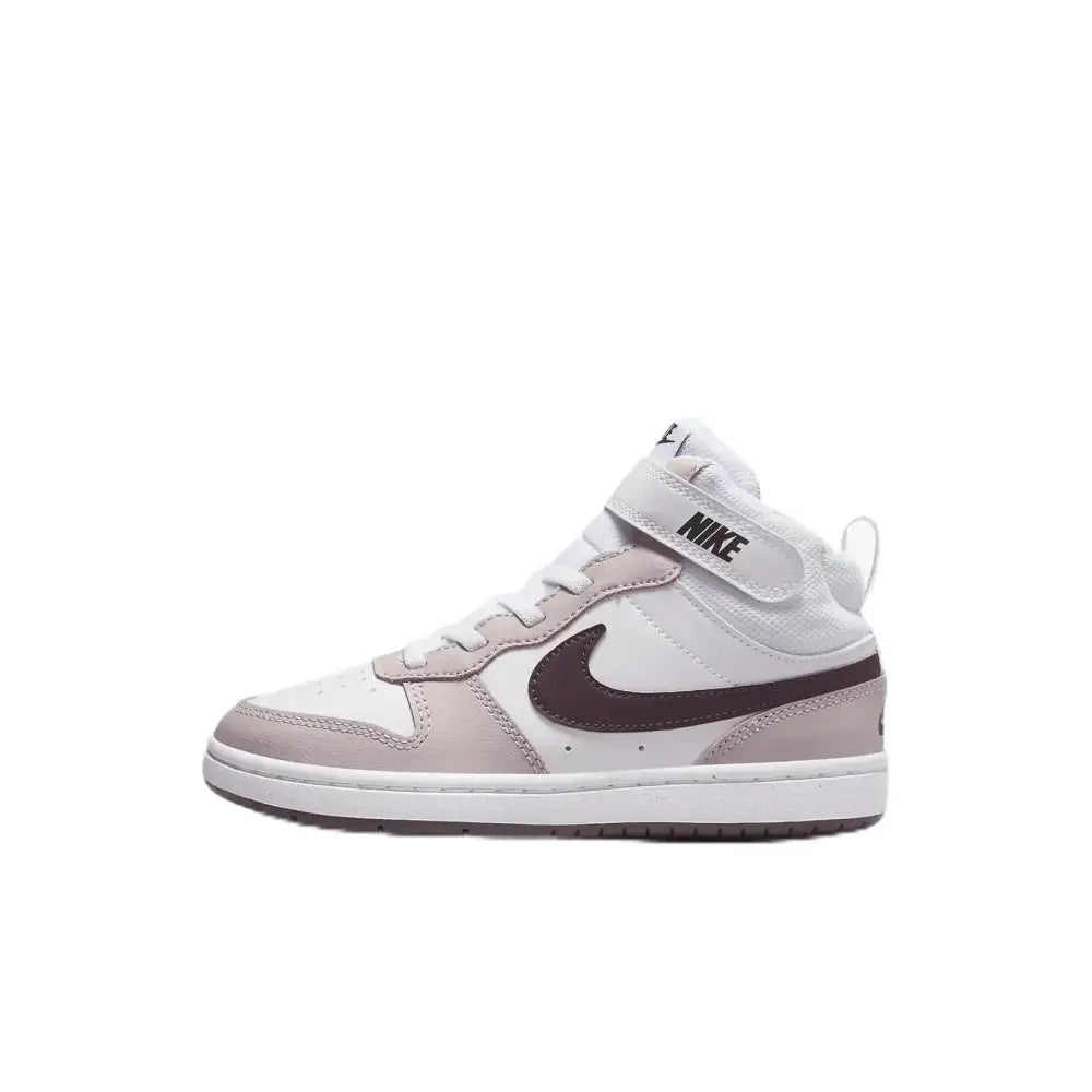 Nike court borough mid kids shoes in white and muted purple with mesh upper, suede overlays, and white rubber sole size 1