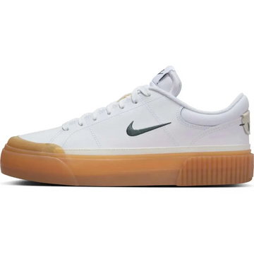 White nike court legacy lift skate shoe with black swoosh and gum rubber sole in legacy lift white black gum design