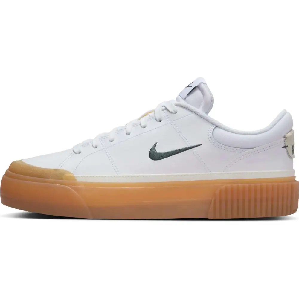 White nike court legacy lift skate shoe with gum rubber sole and black swoosh logo in white black gum colorway