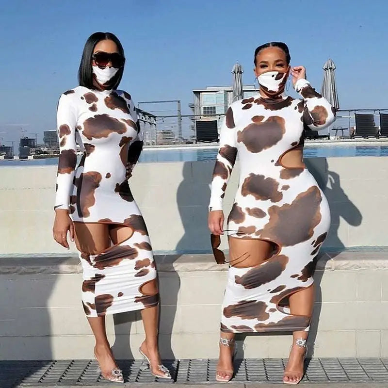 Two women wearing cow print women irregular hole white and brown bodycon maxi dresses with cut-out details