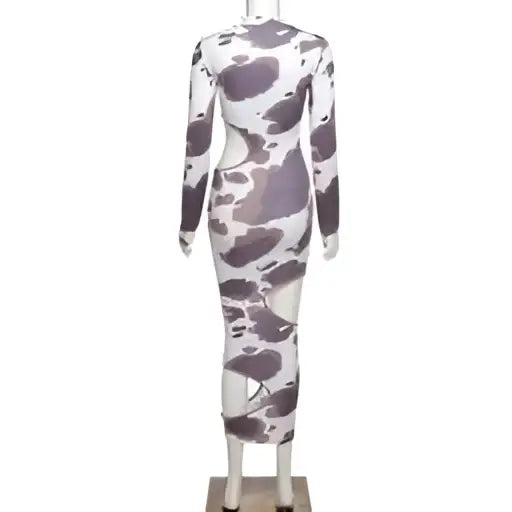 Form-fitting long-sleeved cow print women irregular hole maxi dress in white and brown with cut-out details