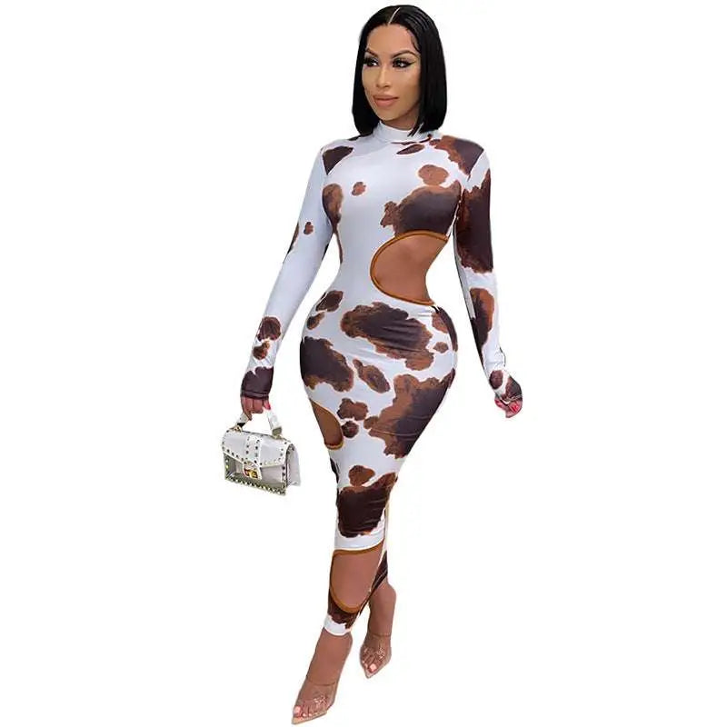 Form-fitting long-sleeved cow print women irregular hole maxi dress in white and brown with cut-out details